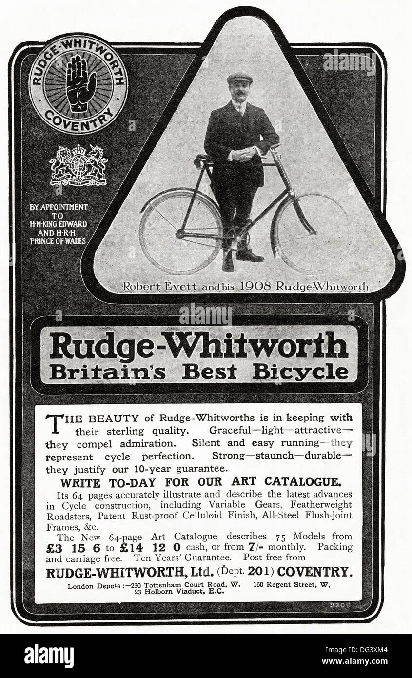 Originale di 1900s pubblicità pubblicità RUDGE-WHITWORTH biciclette di Coventry. Rivista annuncio circa 1908 Foto Stock