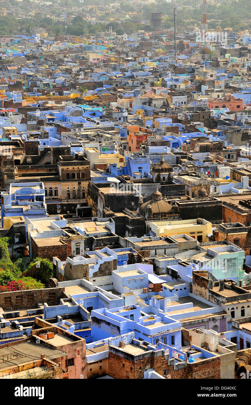 Il blu di edifici di Bundi, Rajasthan, India, Asia Foto Stock