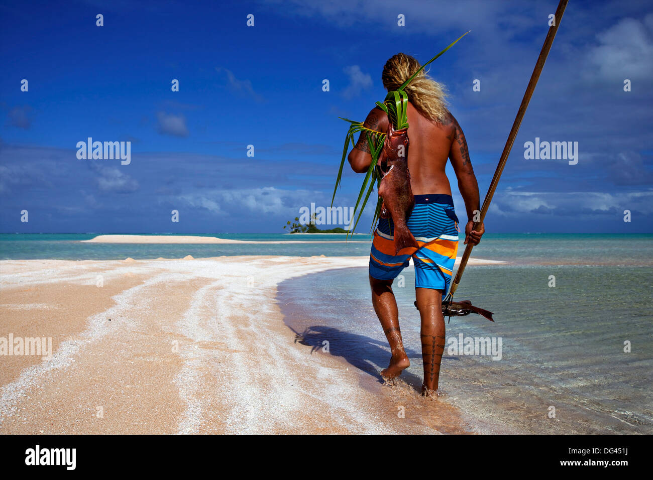 La pesca con un arpione, presso il White Sands, Tetamanu Pass, Fakarava Island, Arcipelago Tuamotu, Polinesia Francese Foto Stock
