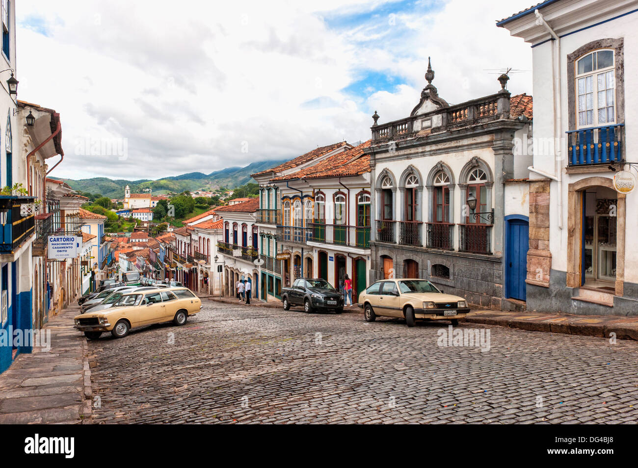 Strade, Ouro Preto, Sito Patrimonio Mondiale dell'UNESCO, Minas Gerais, Brasile, Sud America Foto Stock