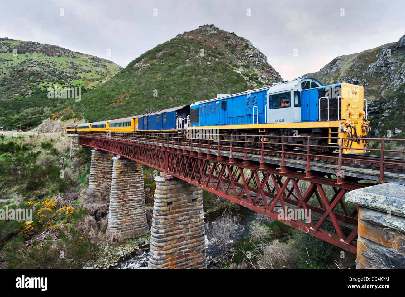 Vicino a Dunedin, South Island, in Nuova Zelanda. La gola di Taieri ferrovia. Un treno attraversa uno dei viadotti sul suo modo da Dunedin a Pukerangi Foto Stock