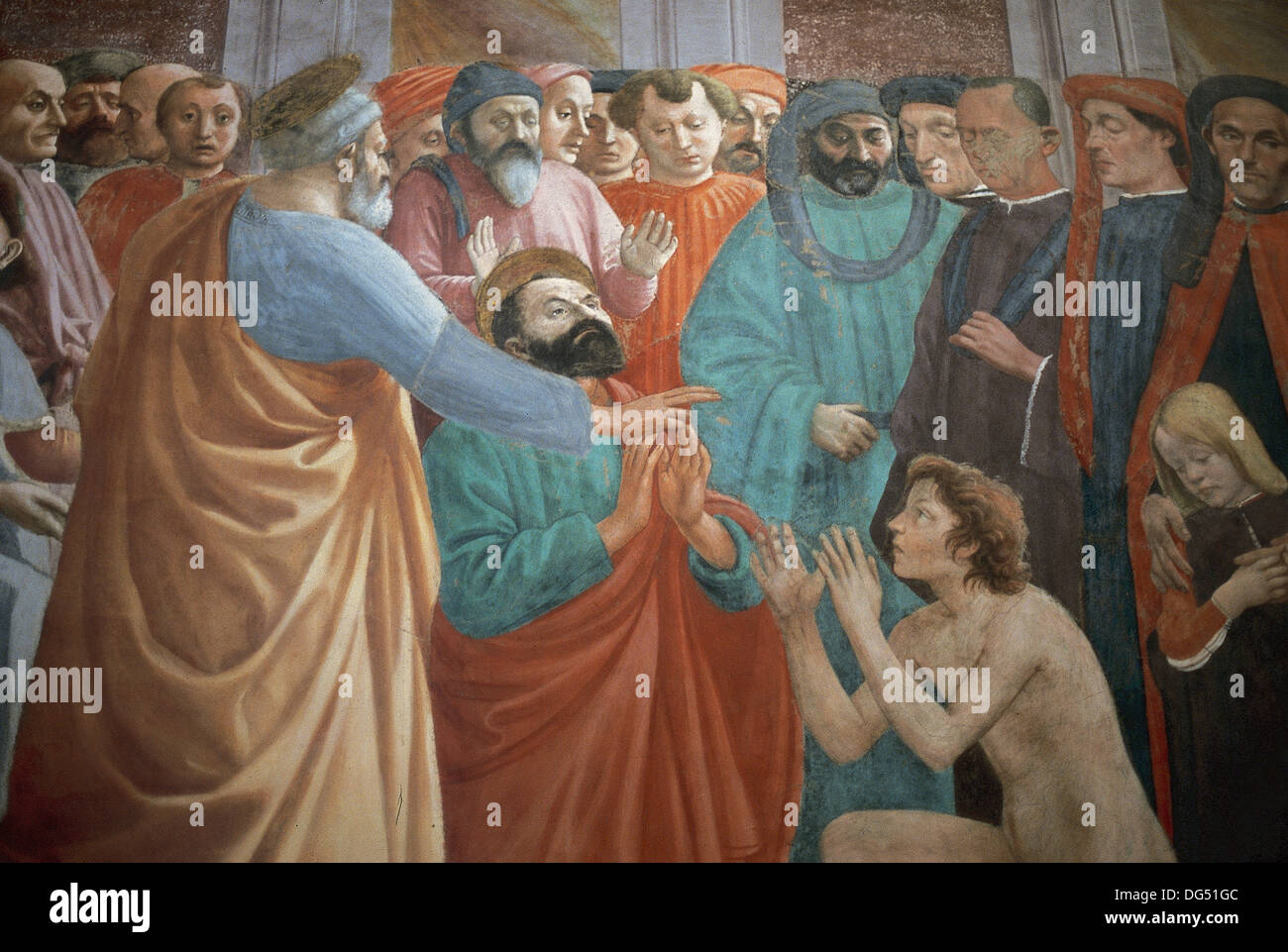 Masaccio (1401-1428). La resurrezione del figlio di Teofilo. 1425. Affresco.  Cappella Brancacci in Santa Maria del Camine, Firenze Foto stock - Alamy