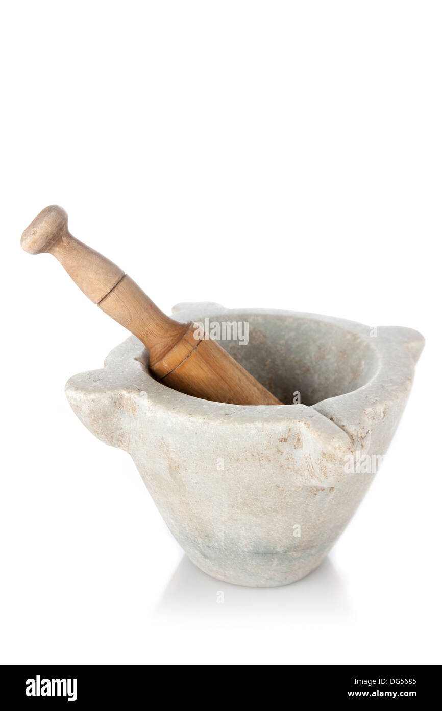 Marmo Antico mortaio con pestello di legno Foto stock - Alamy