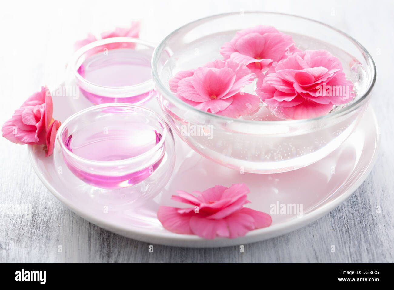 Spa con begonia fiori e olio essenziale Foto Stock