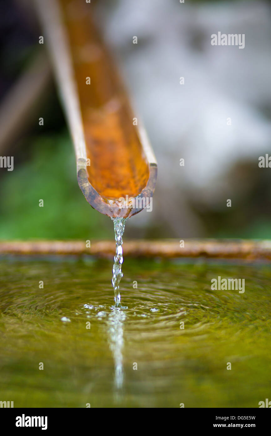 Bambù tradizionale fontana con acqua in un tempio in Hangzhou, Cina Foto Stock