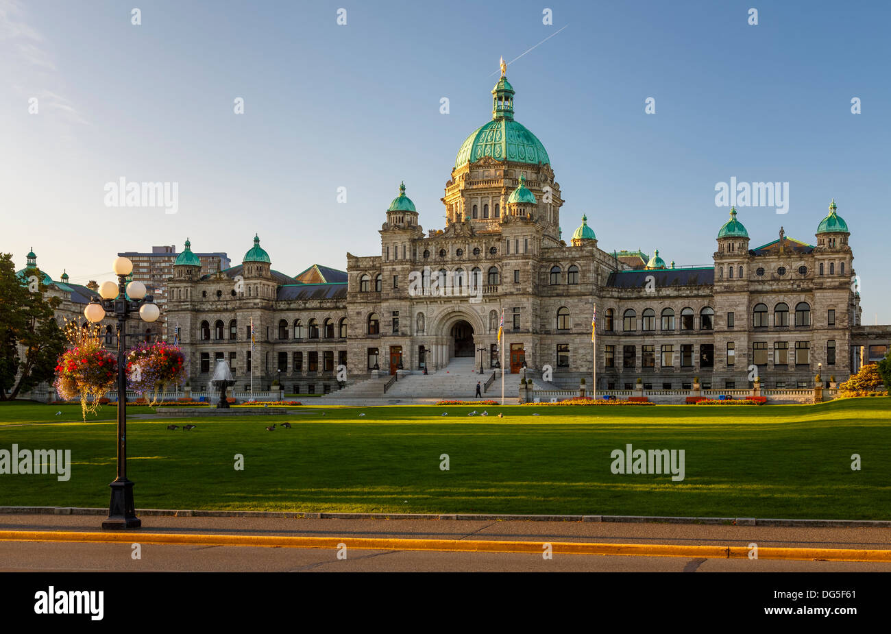Il Parlamento della Columbia britannica in Canada di Victoria a sunrise Foto Stock