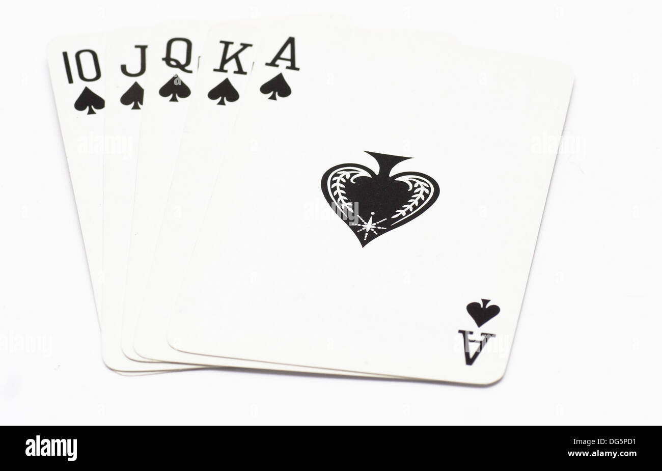Royal Straight Flush In picche su sfondo bianco Foto Stock