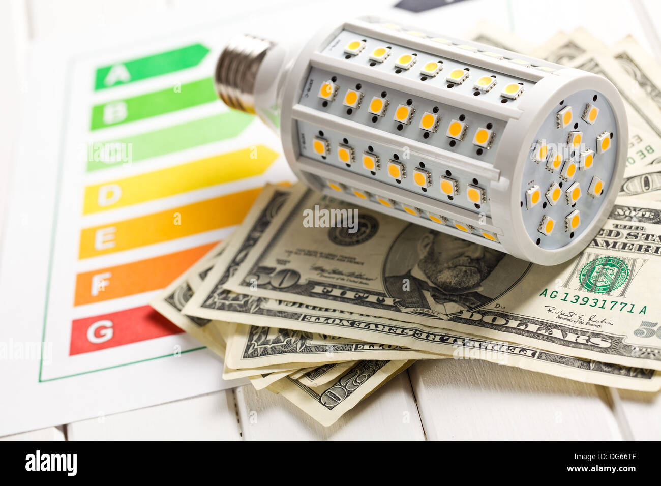 Lampadina a LED con etichetta energetica e dollari USA su sfondo di legno Foto Stock