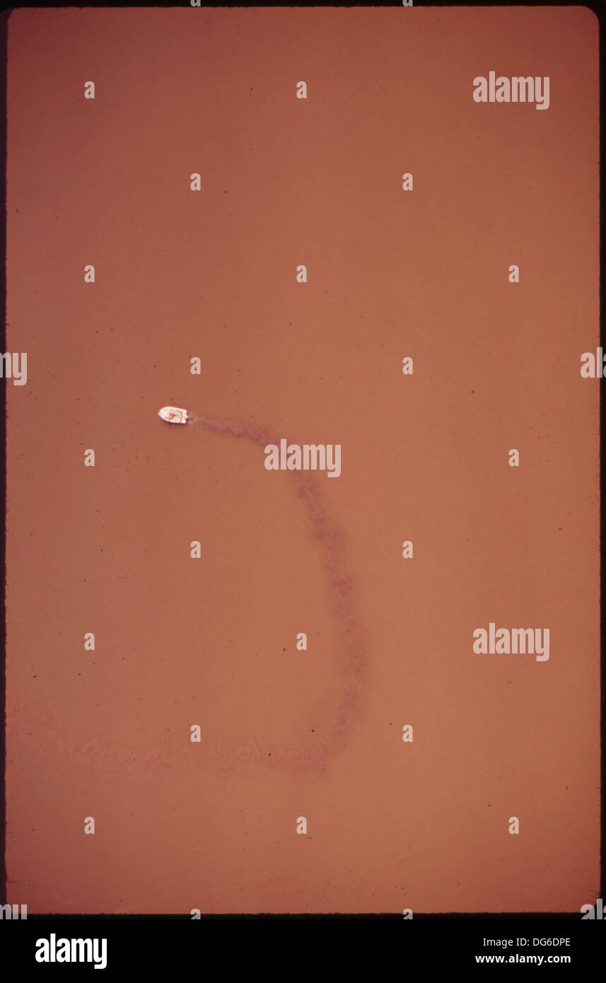 Una piccola barca a motore sta facendo un'inversione a U sul fiume Potomac, appena sopra il Monte Vernon. Il fiume offre uno sfondo panoramico, con un significato storico grazie alla sua vicinanza alla tenuta di George Washington. Foto Stock