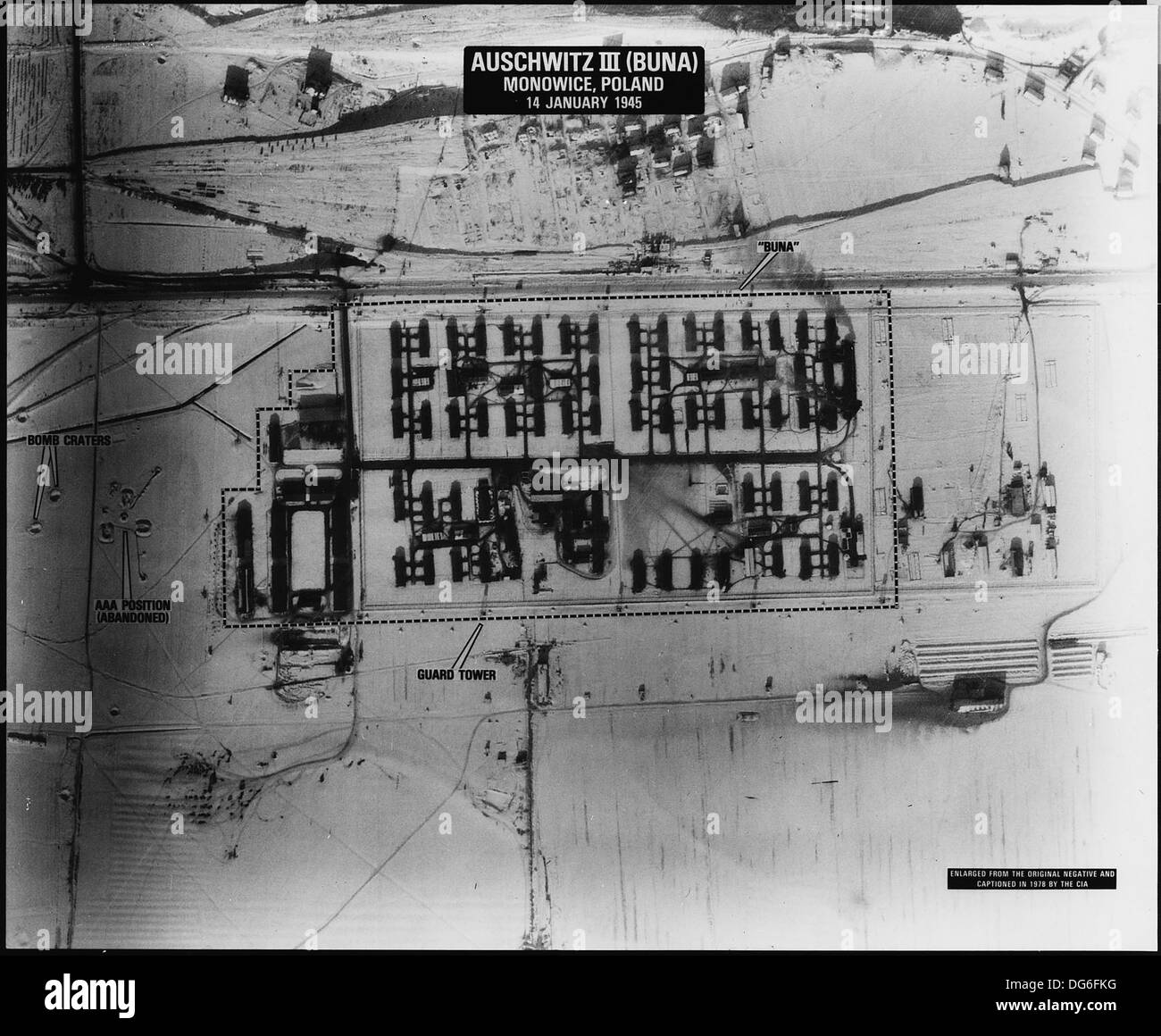 Auschwitz III, noto anche come Buna, era un campo di lavoro situato a Monowice, in Polonia, parte del complesso di Auschwitz durante la seconda guerra mondiale. Fu utilizzato principalmente per la produzione di gomma sintetica e altri materiali. Foto Stock