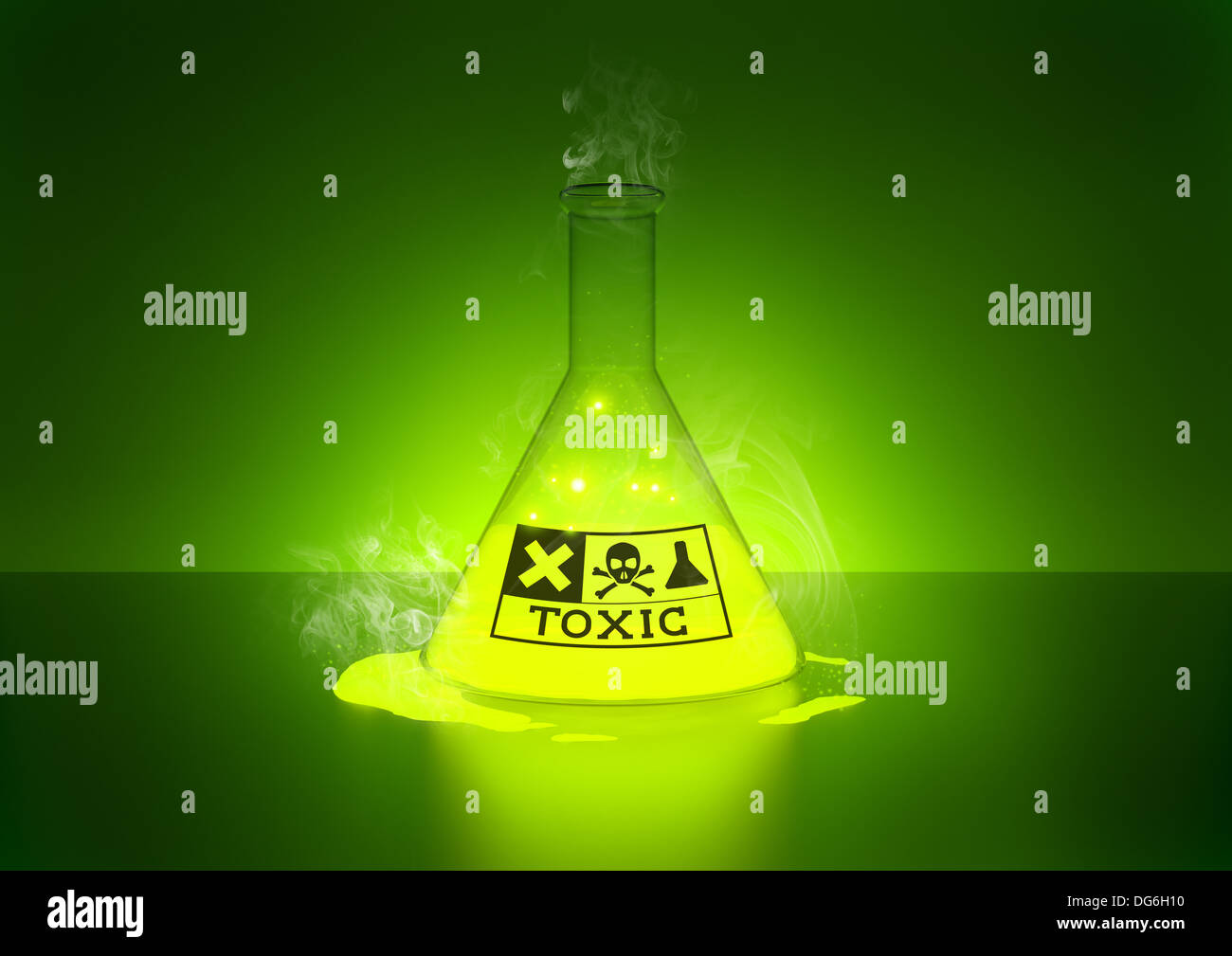 Prodotto chimico tossico - una sostanza chimica incandescente in una bottiglia. 3D illustrazione Foto Stock