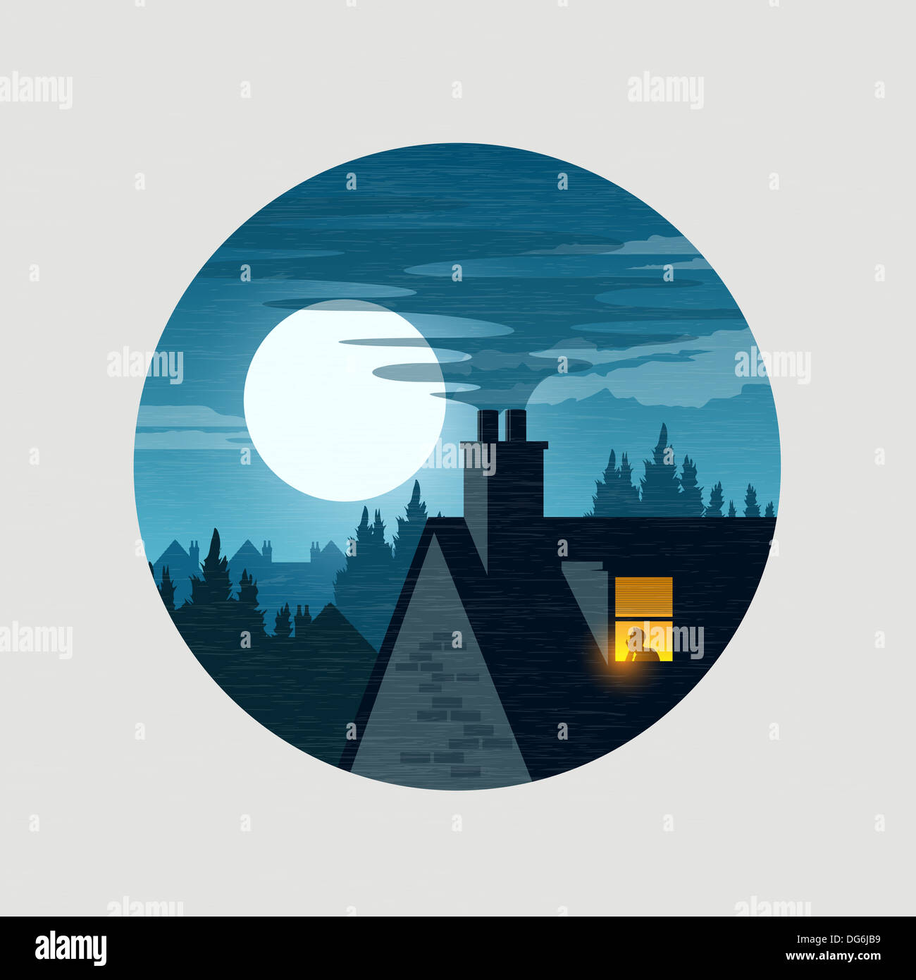 Urbano di gufo di Mezzanotte - casa tetti e la luna, vecot illustrazione. Foto Stock