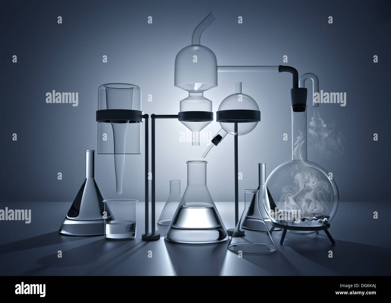 Il laboratorio di chimica. Varie vetro chimica attrezzature da laboratorio Foto Stock