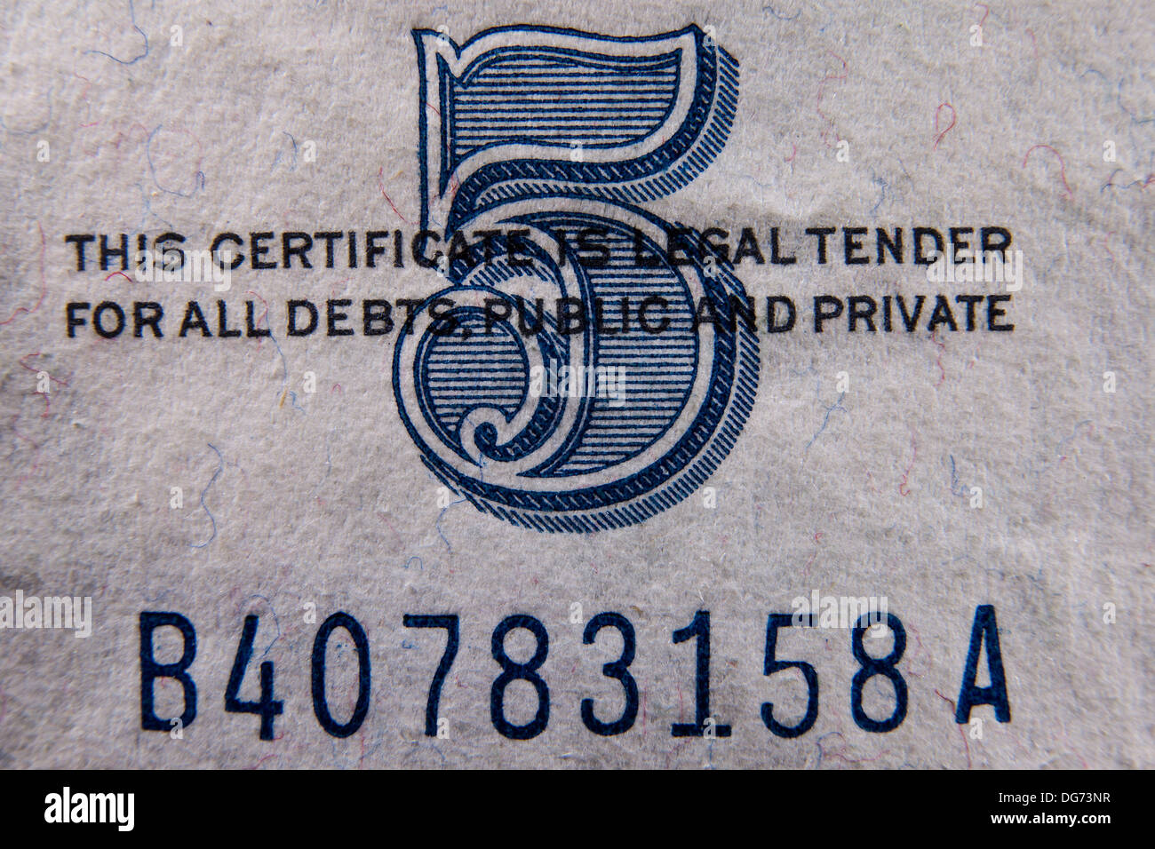 Certificato d'argento 5 cinque dollari dettaglio close up macro Foto Stock