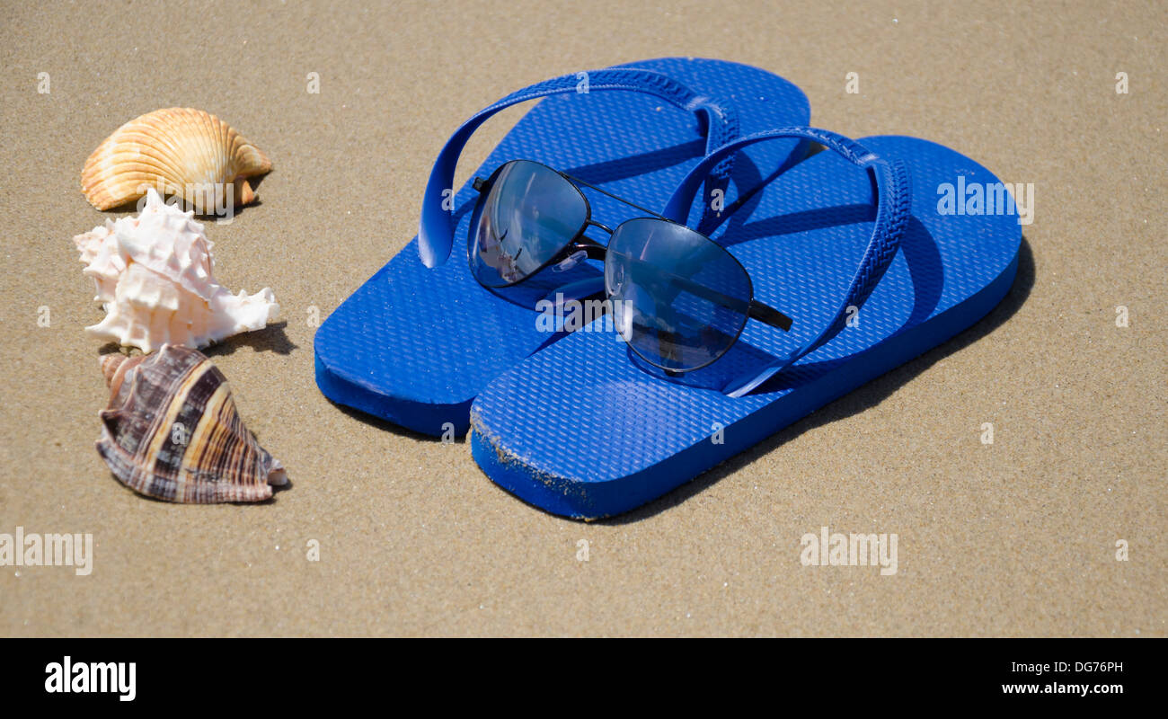 Blue flip-flop con conchiglie sulla spiaggia di sabbia Foto Stock