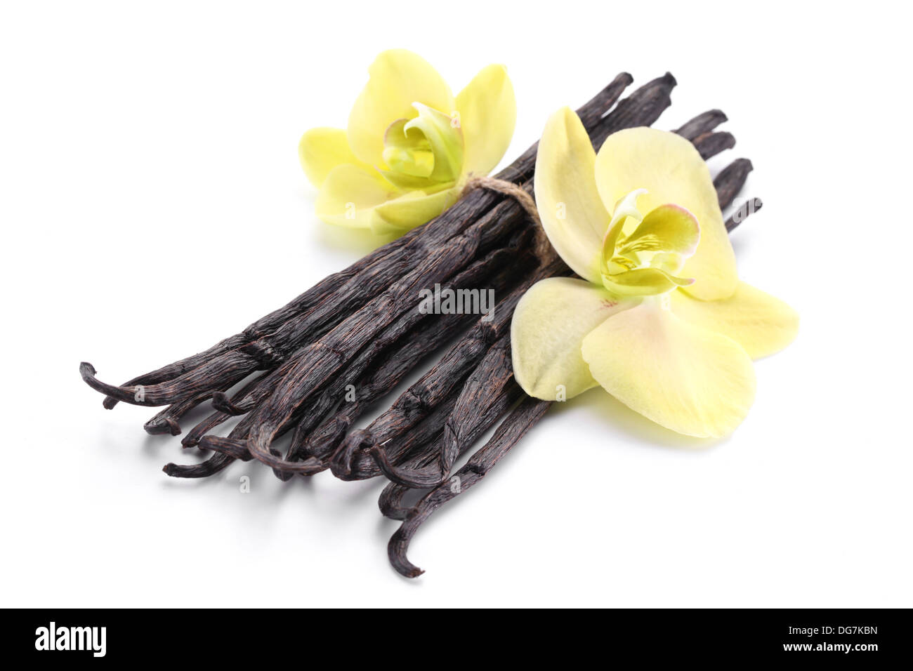 Bastoncini di vaniglia con un fiore su uno sfondo bianco. Foto Stock