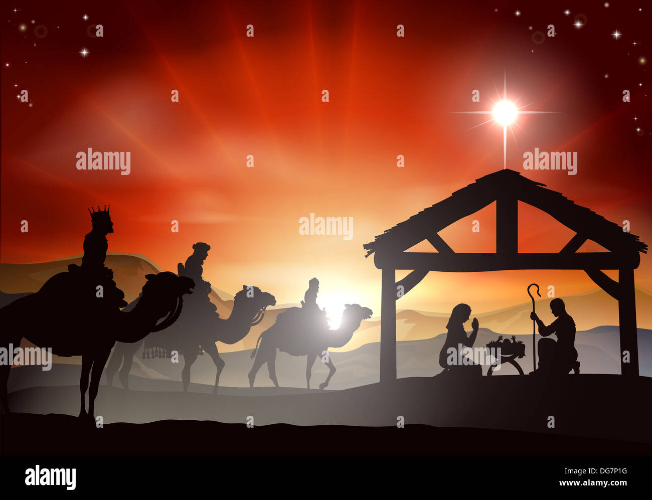 Presepe con Gesù Bambino nella mangiatoia in silhouette, tre uomini saggi o dei re e la stella di Betlemme Foto Stock