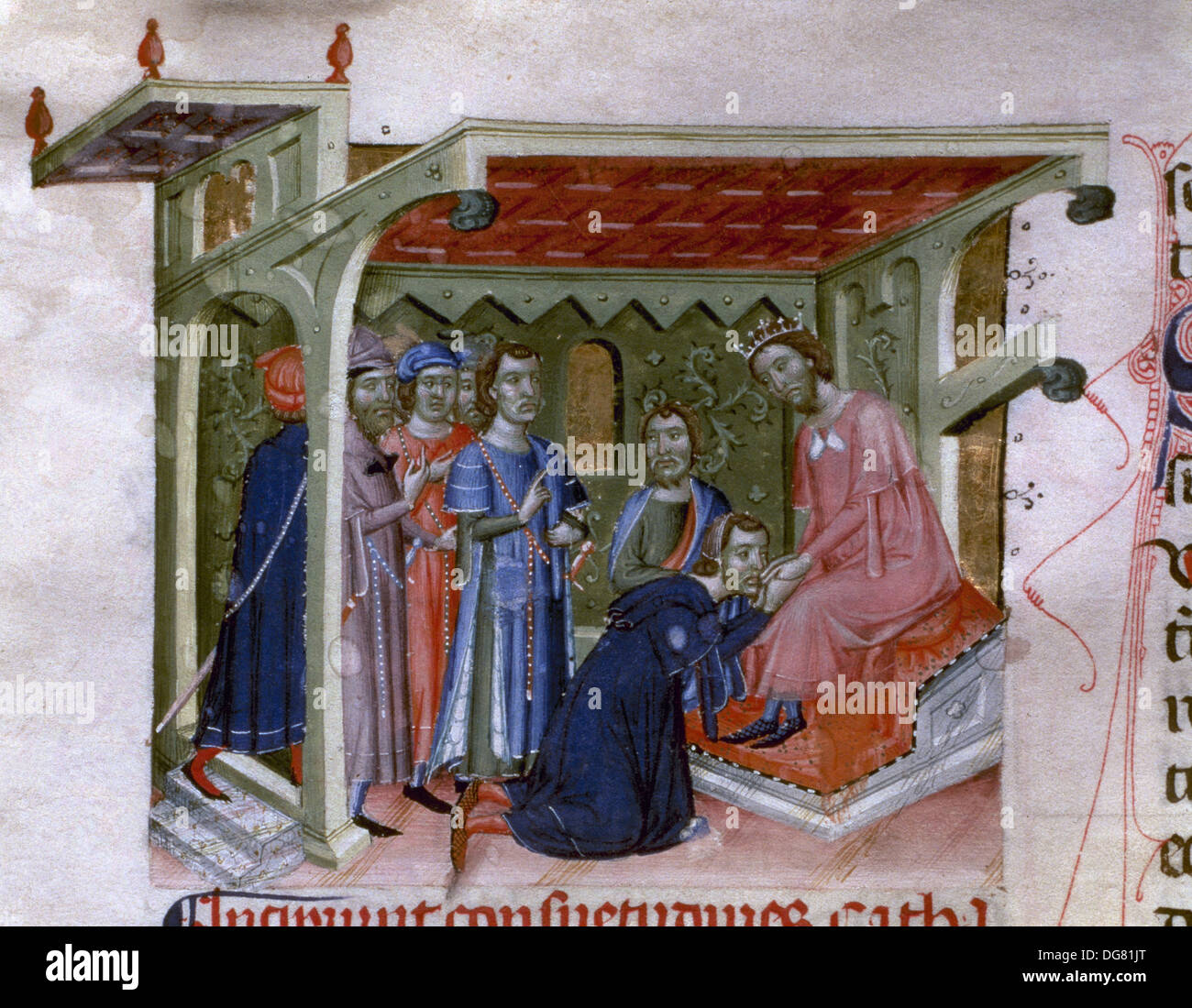 Llibre Verd (Libro verde). Copia illuminati da Arnau Penna in 1380. Giuramento di fedeltà al re. Miniatura. Foto Stock
