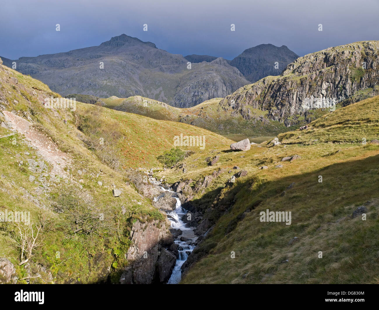 Fiume Esk e Scafell Pike dalla tomaia Esk, Lake District , Cumbria Foto Stock