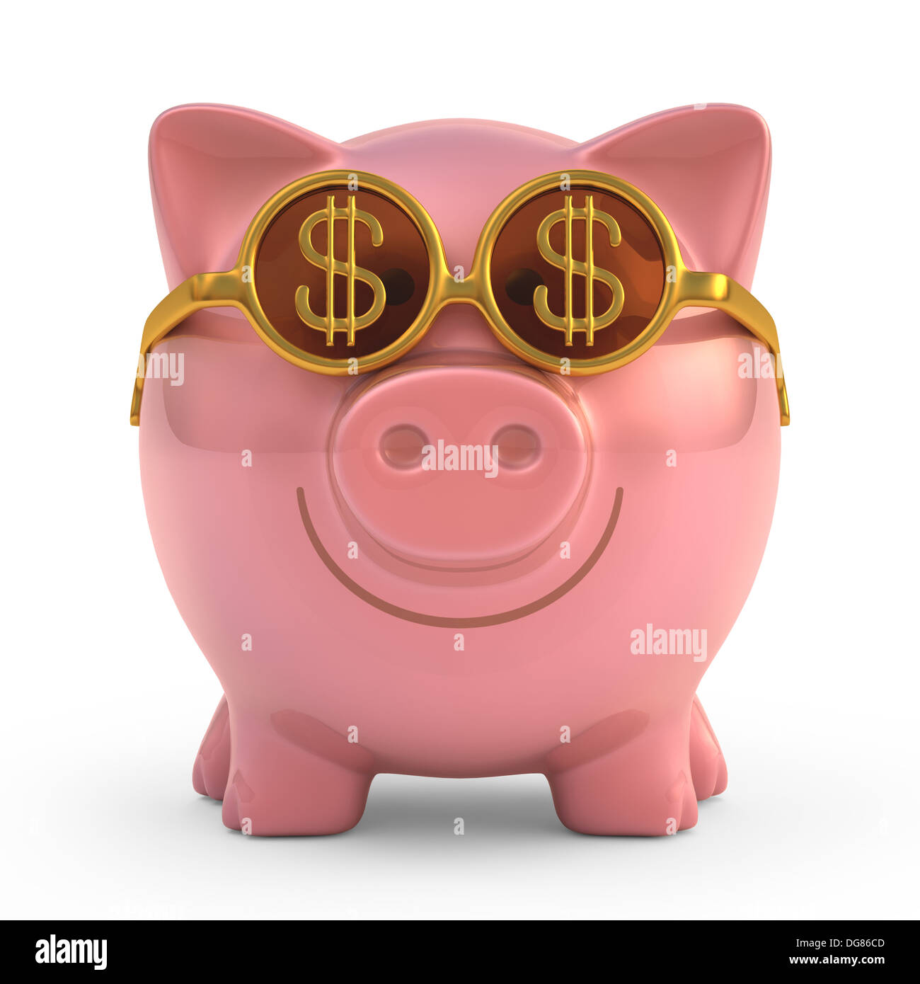 Salvadanaio di indossare occhiali da sole con segno di denaro. Percorso di clipping incluso. Foto Stock
