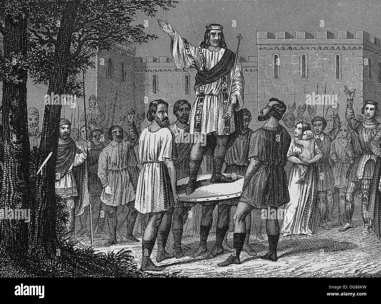 Alto Medioevo. Elezione del comandante. Incisione colorata. Foto Stock