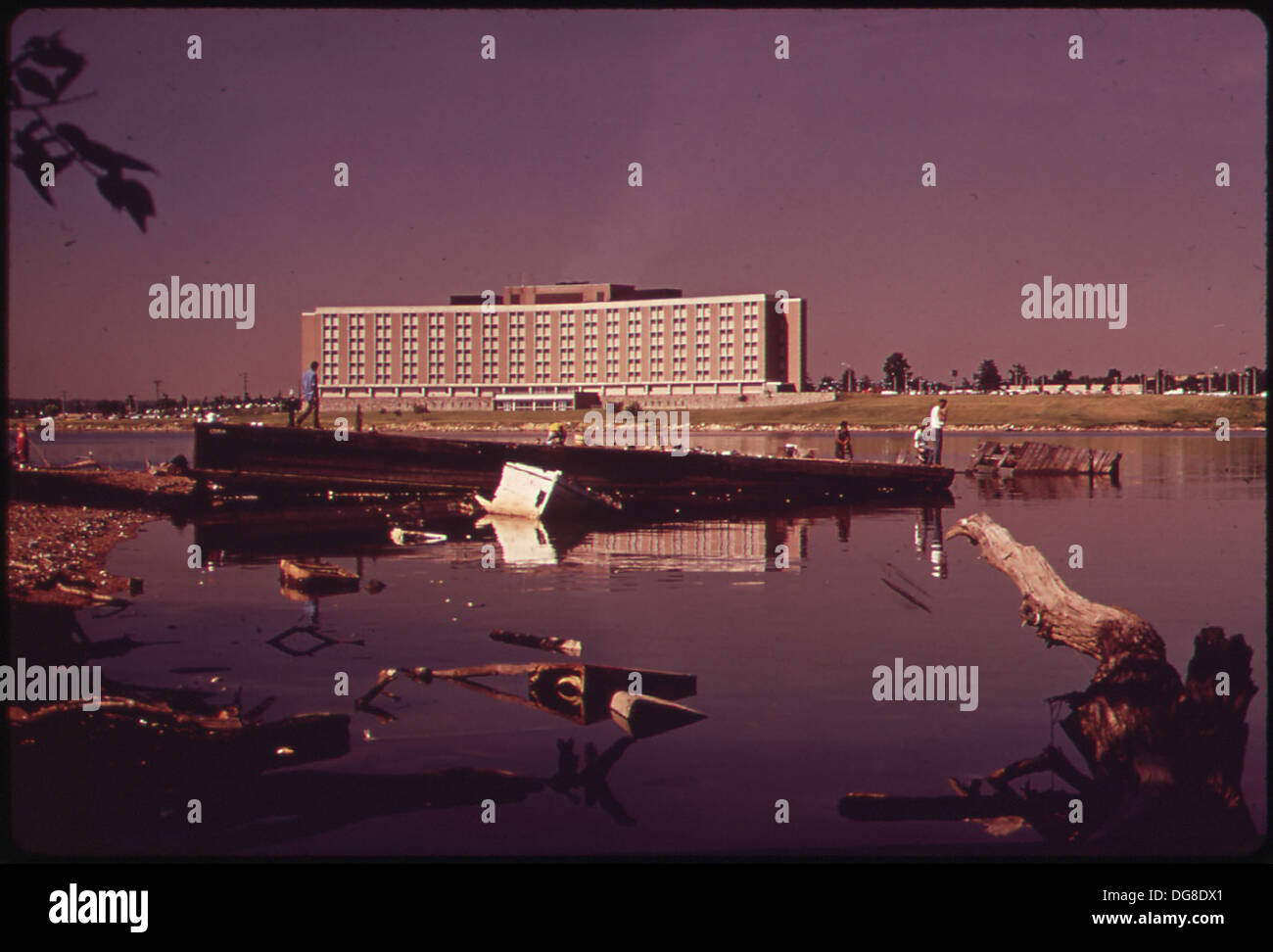 Pescato granchi da un vecchio dock nel ramo intermedio del porto di Baltimora. I pesci morti galleggiare accanto al dock. Edificio in... 546944 Foto Stock