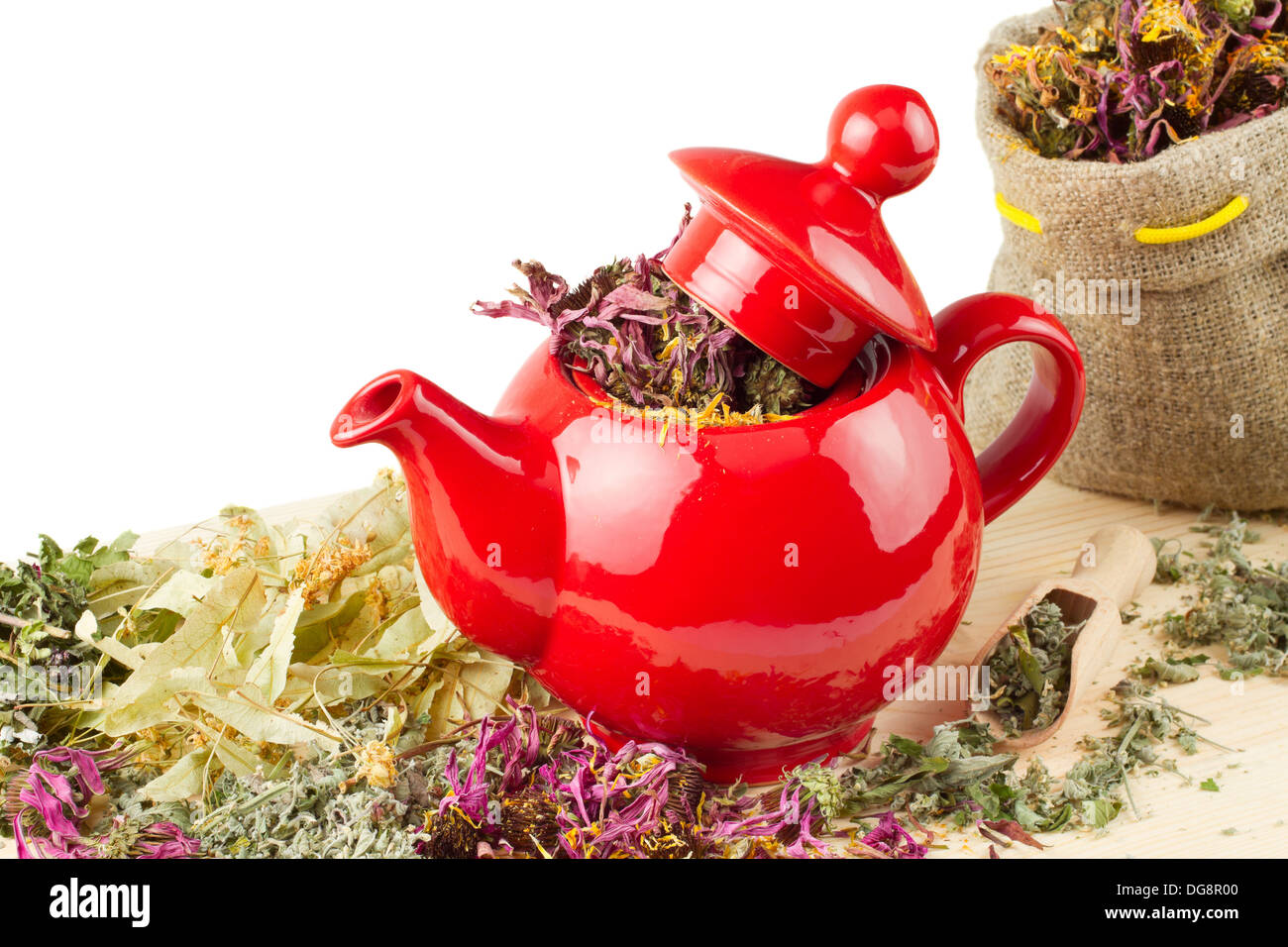 Teiera rosso, sacco con erbe curative, medicina alternativa Foto Stock