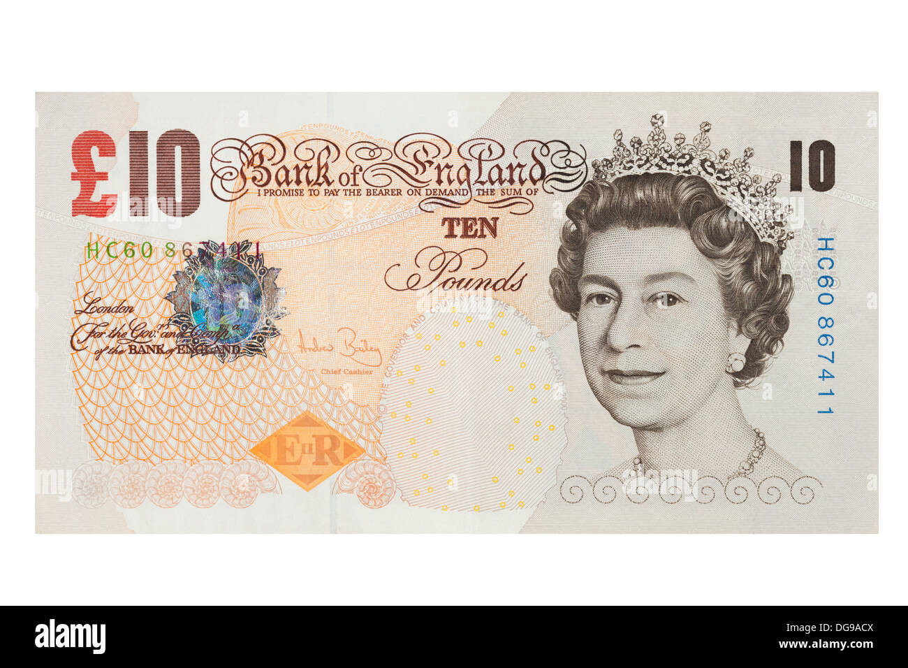Inglese dieci pound nota su sfondo bianco Foto Stock