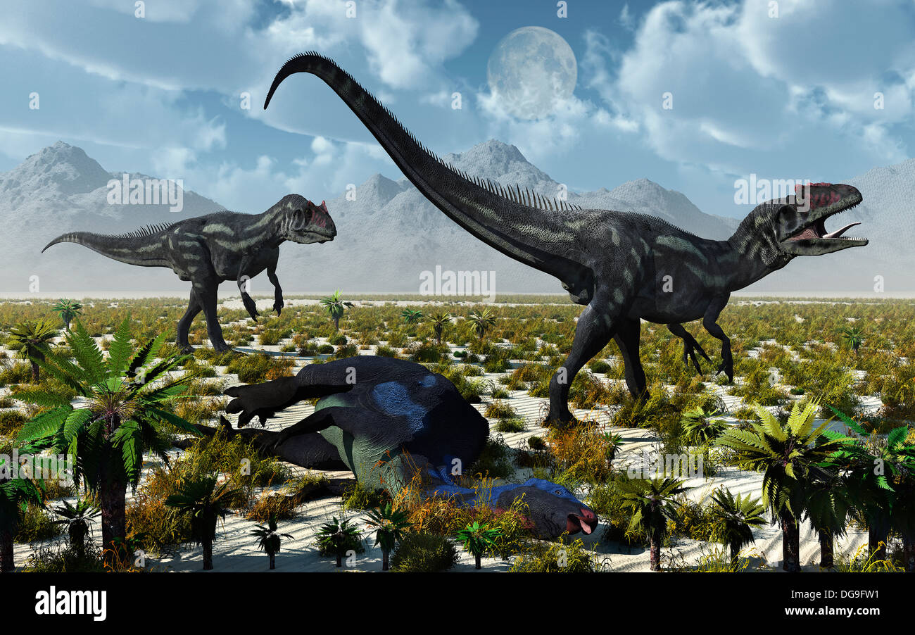 Una coppia di allosaurus con loro appena ucciso camptosaurus Foto Stock