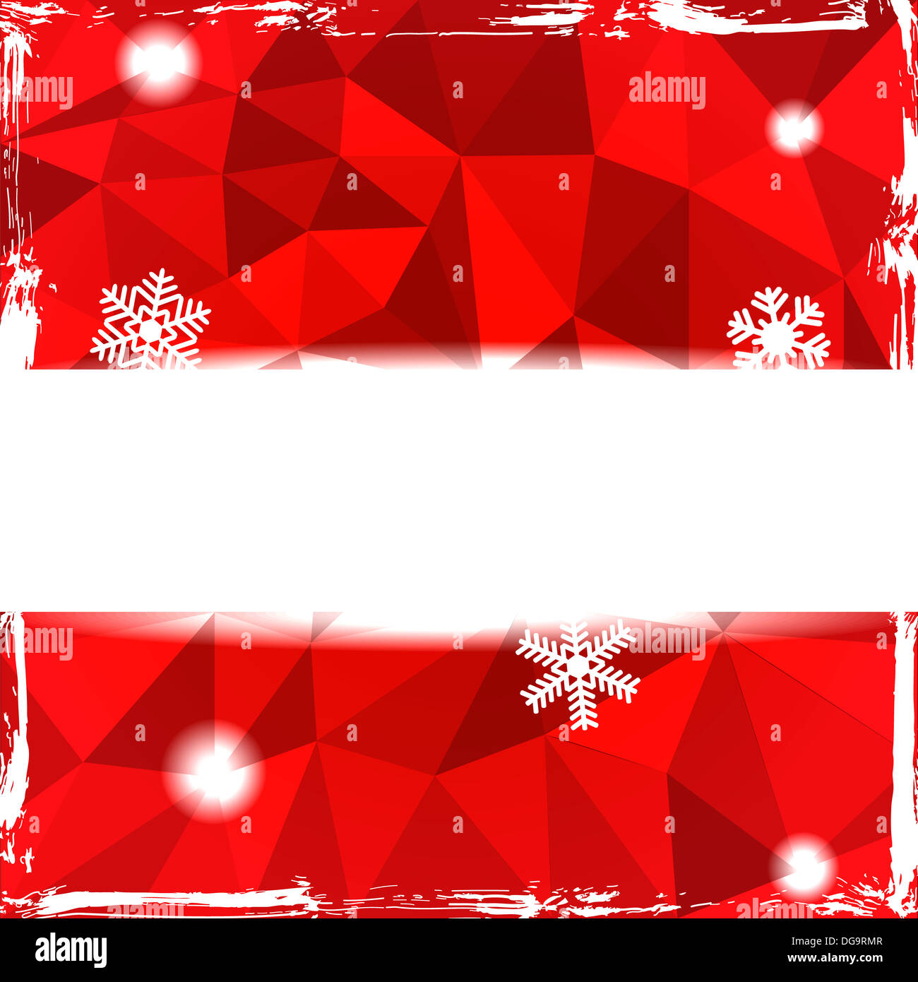 Un triangolo rosso Grunge christmas background con banner e i fiocchi di neve Foto Stock
