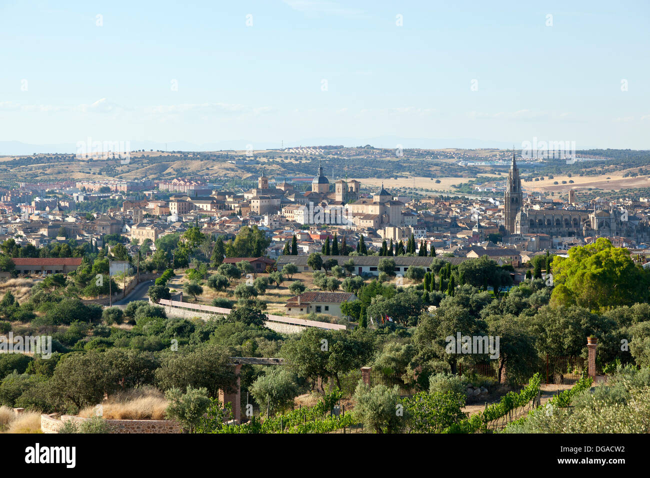 Vista della città Toledo, Spagna, con il Duomo e il castello Foto Stock