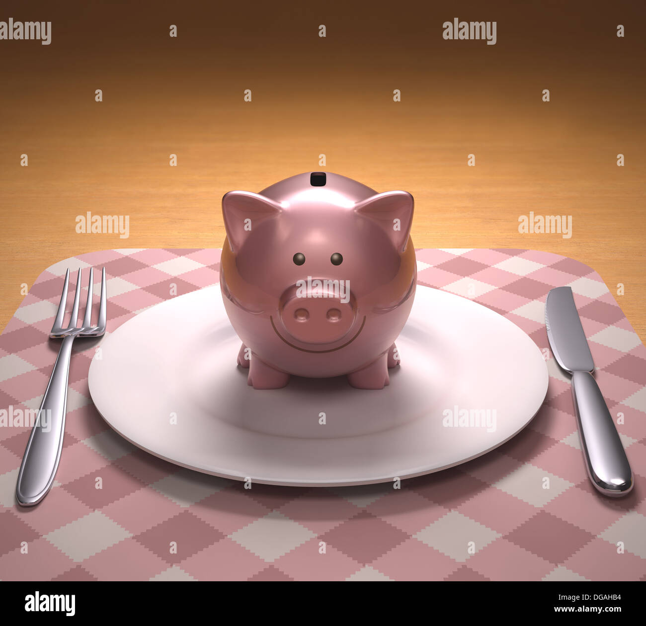 Salvadanaio sul piatto pronto per essere aperto. Con percorso di clipping incluso. Foto Stock