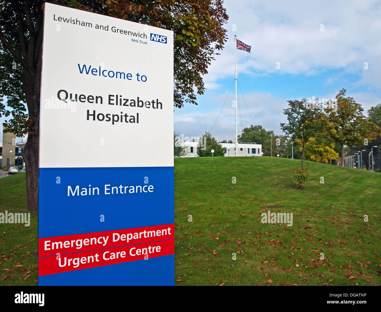 Queen Elizabeth Hospital segno, Woolwich, London, England, Regno Unito Foto Stock