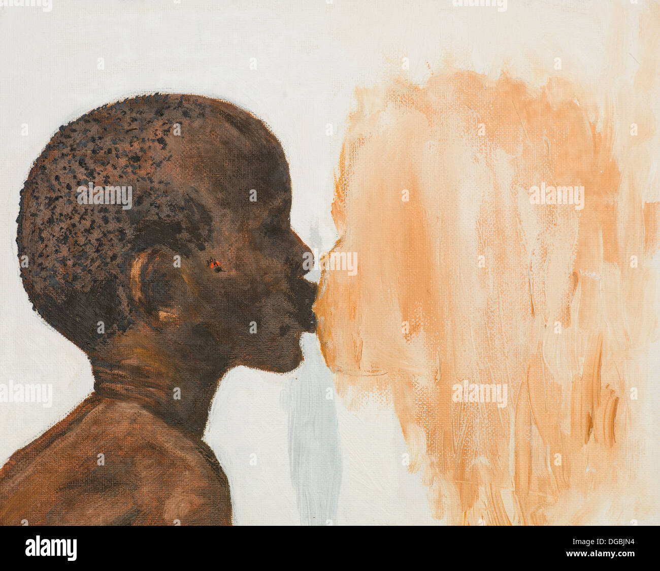 Disegnata a mano di pittura acrilica del ragazzo africano baciare una ragazza Foto Stock