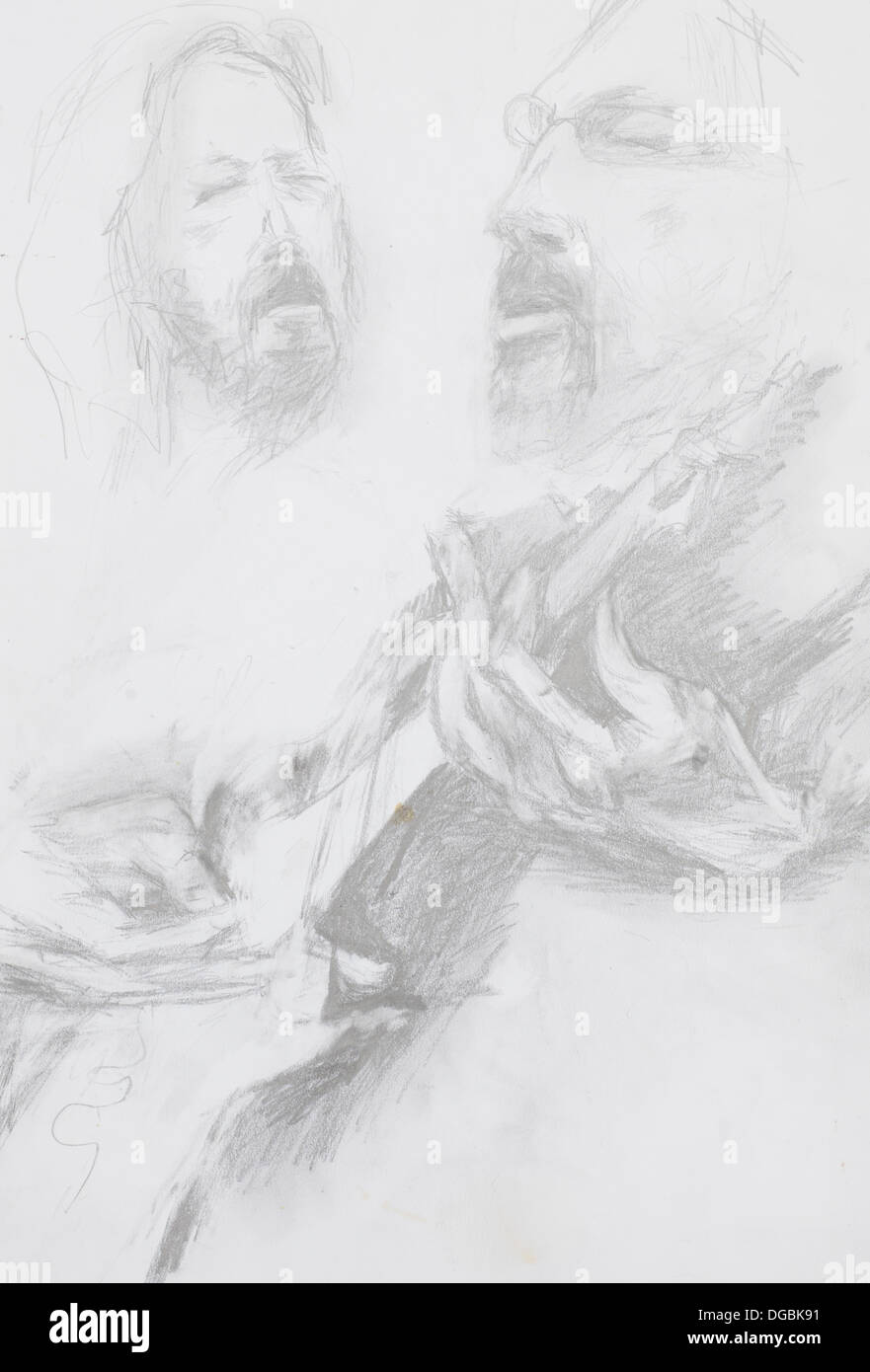 Mano bozzetto del chitarrista e aman cantando accanto a lui, tecnica matita Foto Stock