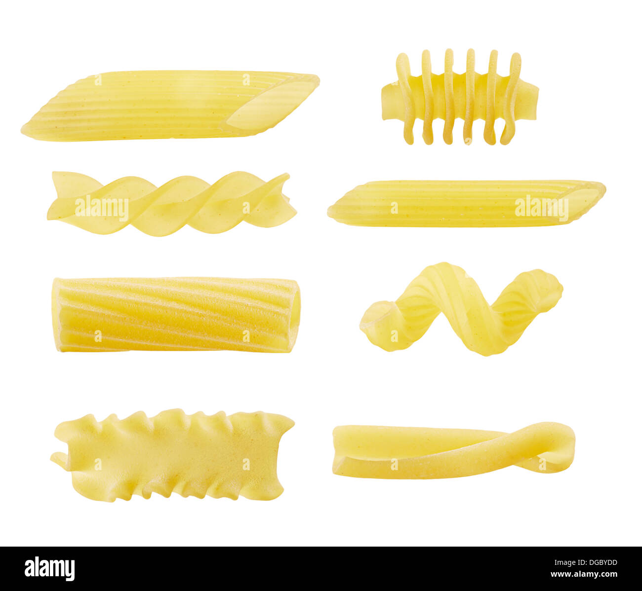 Otto diversi tipi di pasta su sfondo bianco Foto Stock