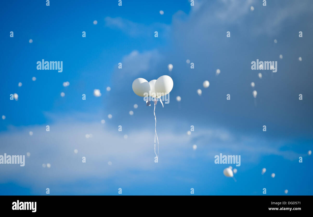 Berlino, Germania. Xviii oct, 2013. Aria palloncini volare nel cielo sopra Berlino (Germania), 18 ottobre 2013. In occasione dell'UE Anti-Trafficking giorno, membri e sostenitori dell'associazione 'insieme contro la tratta di esseri umani" lasciate volare intorno 1.000 bianco palloncini d'aria. Foto: OLE SPATA/dpa/Alamy Live News Foto Stock