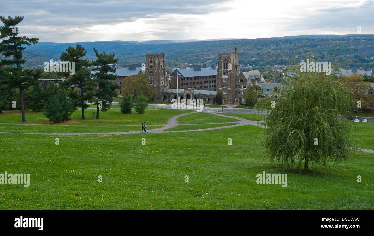 Vasto prato presso la Cornell University con la Torre Sud, McFadden Hall, il chiostro, Lione Hall e la torre nord Foto Stock