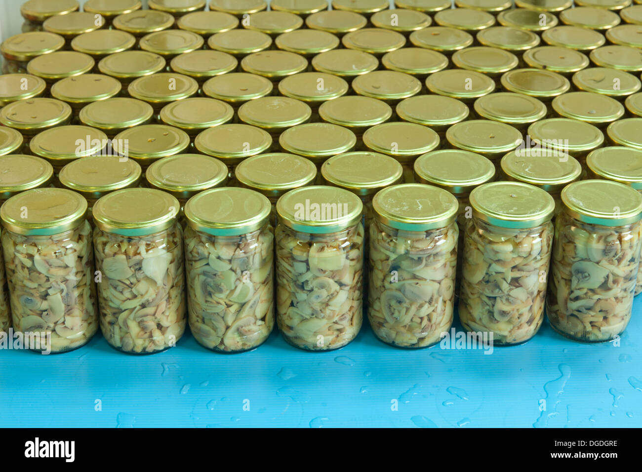 Vasi di vetro nella macchina per la pastorizzazione Foto Stock