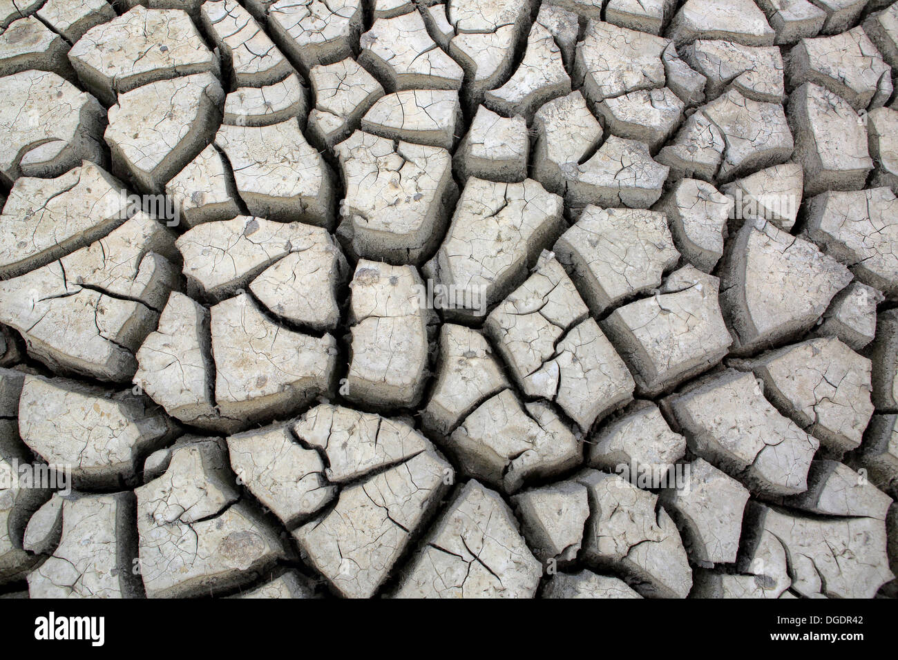 Le grandi crepe in terra cotta essiccato del foro di acqua durante la siccità alla fine della stagione secca a Yala National Park, Sri Lanka Foto Stock