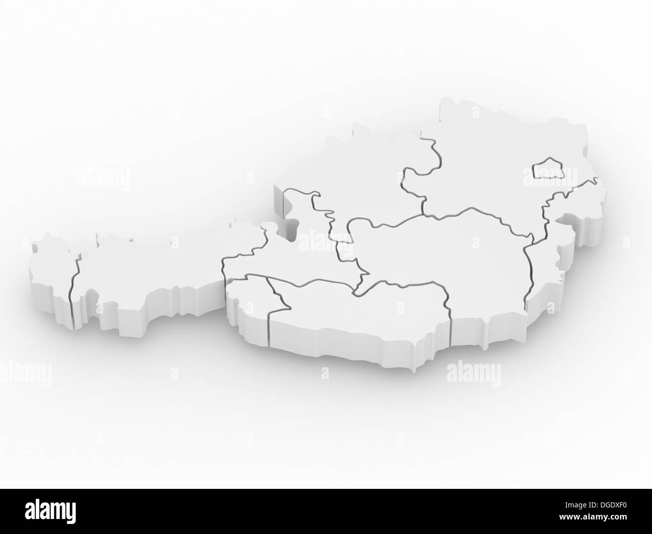 Mappa tridimensionale dell'Austria sul bianco sfondo isolato. 3d Foto Stock