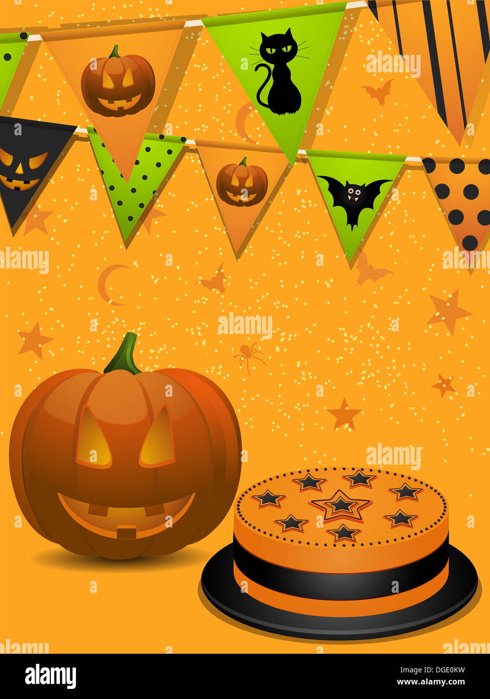 Festa di Halloween sfondo con la zucca, torta e palloncini Foto Stock