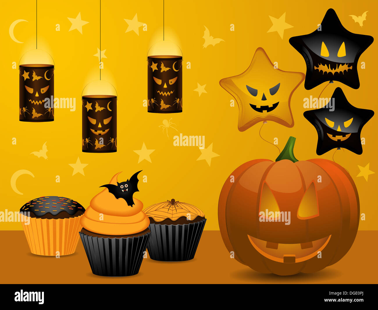 Festa di Halloween sfondo con zucca, tortine, lanterne e palloncini Foto Stock