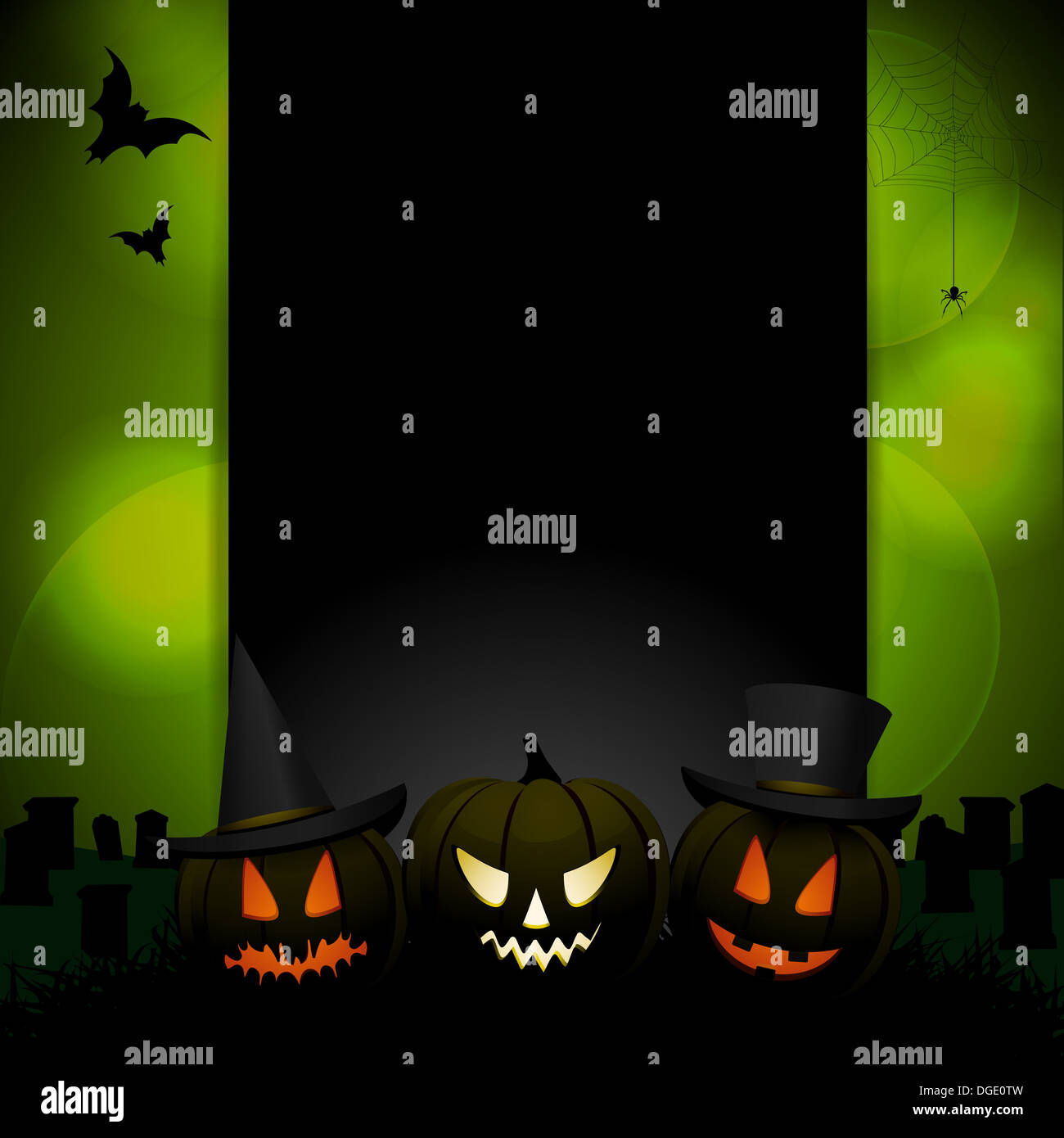 Sfondo di Halloween modello con zucche e il campione di testo su un incandescente sfondo verde Foto Stock