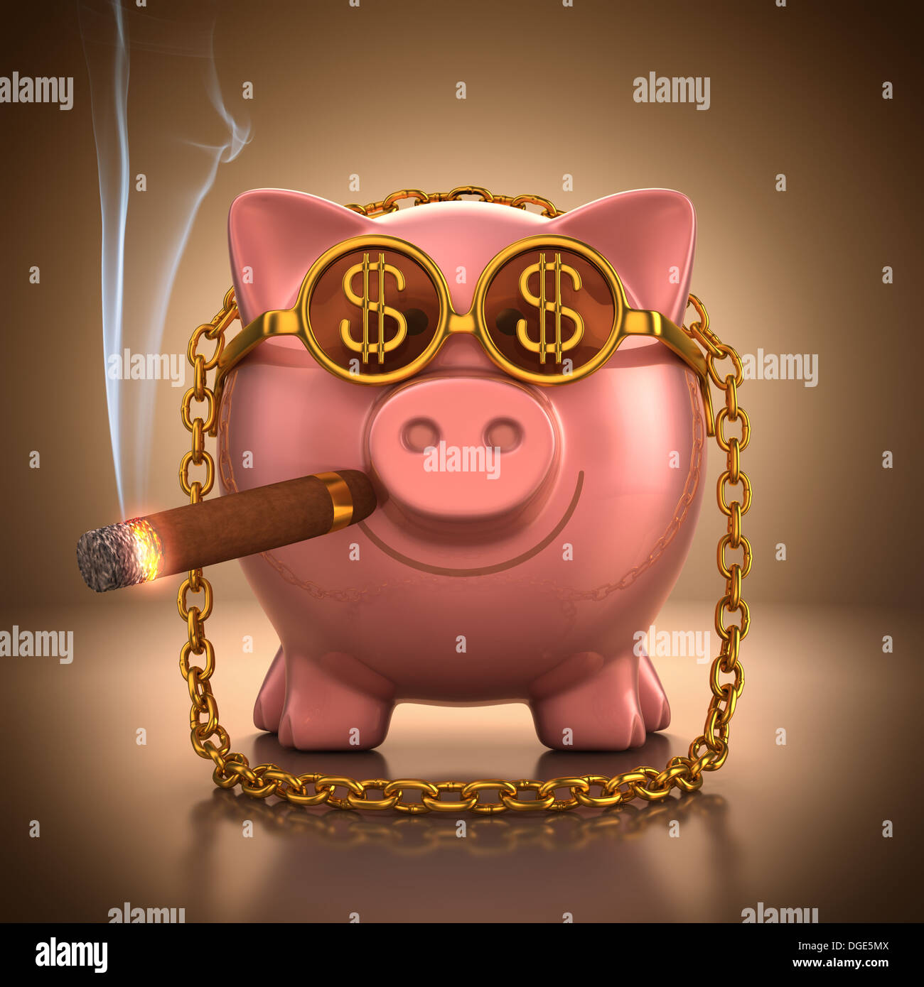 Salvadanaio con accessori in oro che mostra la lussuria e ricchezza. Con il tracciato di ritaglio. Foto Stock