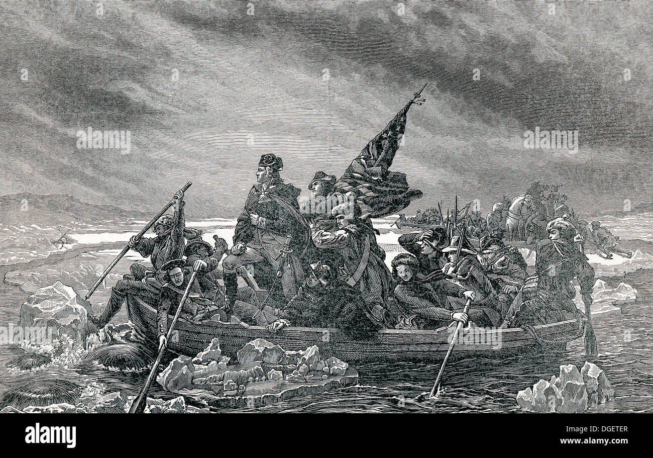 In questa guerra rivoluzionaria americana scena, General George Washington attraversa il fiume Delaware sul dicembre 25, 1776. Foto Stock
