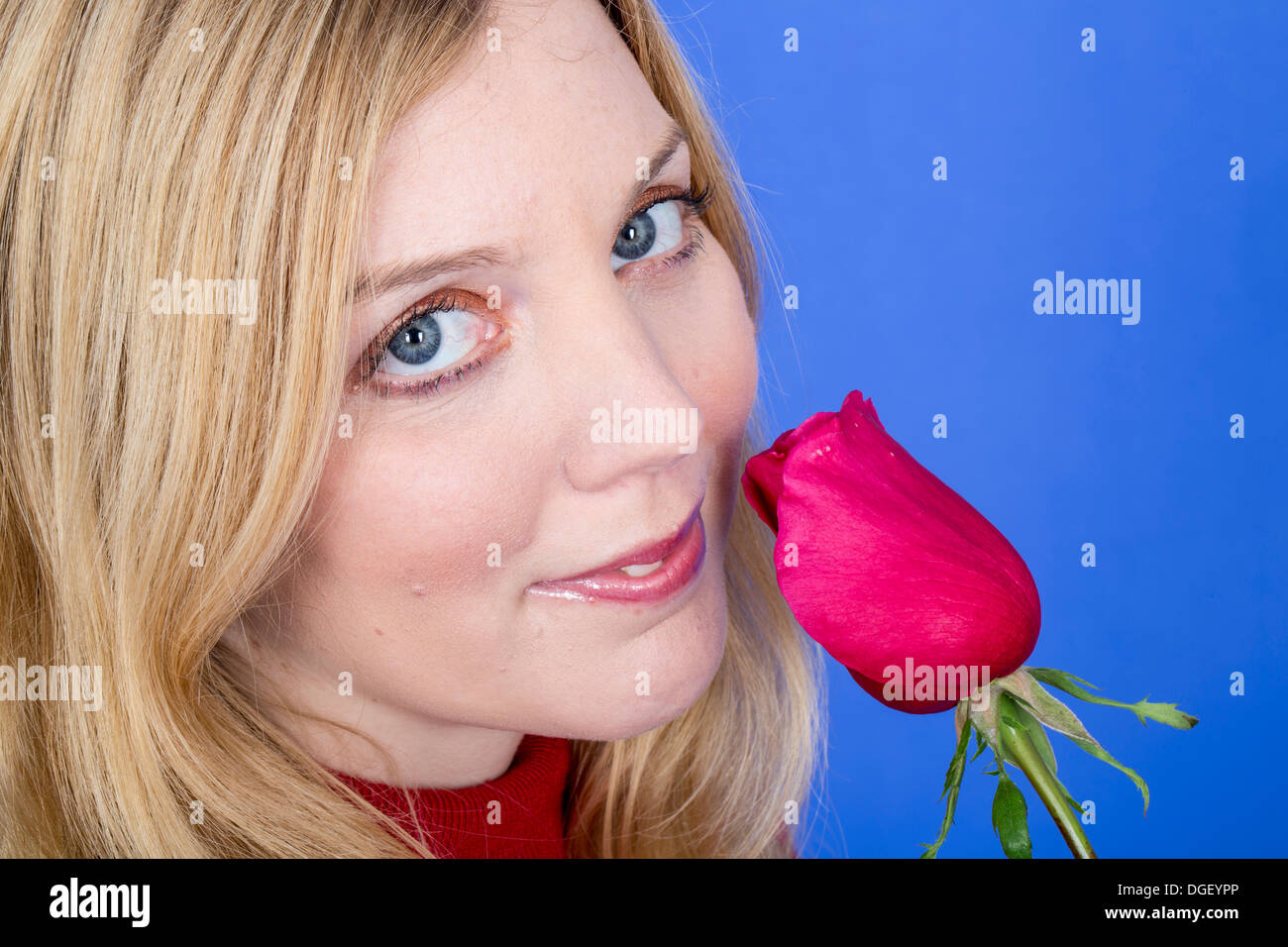 Modello rilasciato. attraente giovane donna tenendo una sola rosa rossa Foto Stock