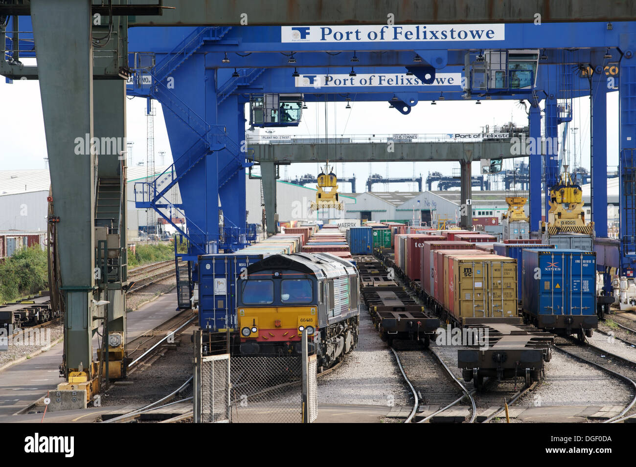 Rail terminal container del porto di Felixstowe, Suffolk, Regno Unito. Foto Stock Rail terminal container del porto di Felixstowe, Suffolk, Regno Unito. Foto Stock