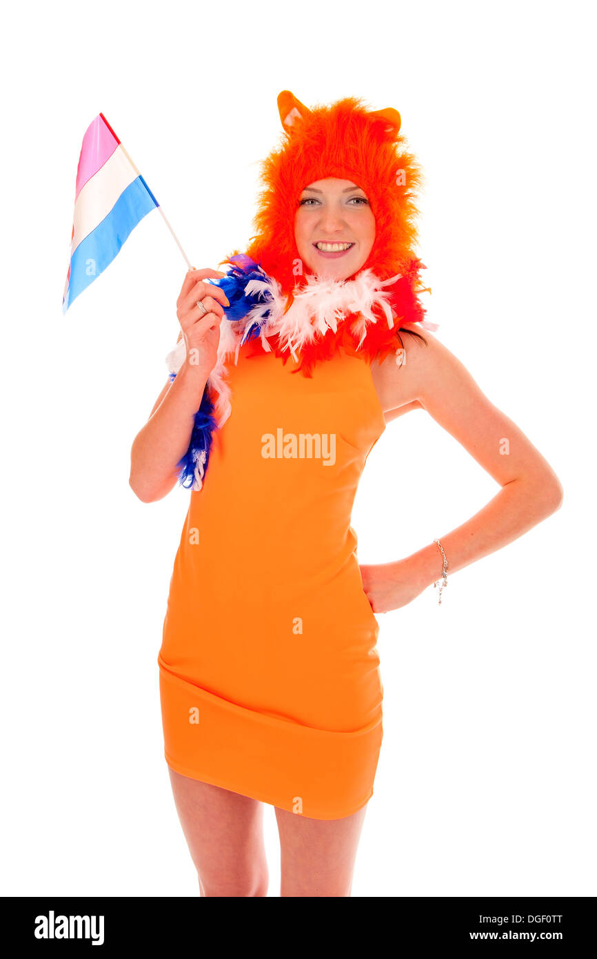 Una ragazza, sostenitore del calcio olandese team. Foto Stock