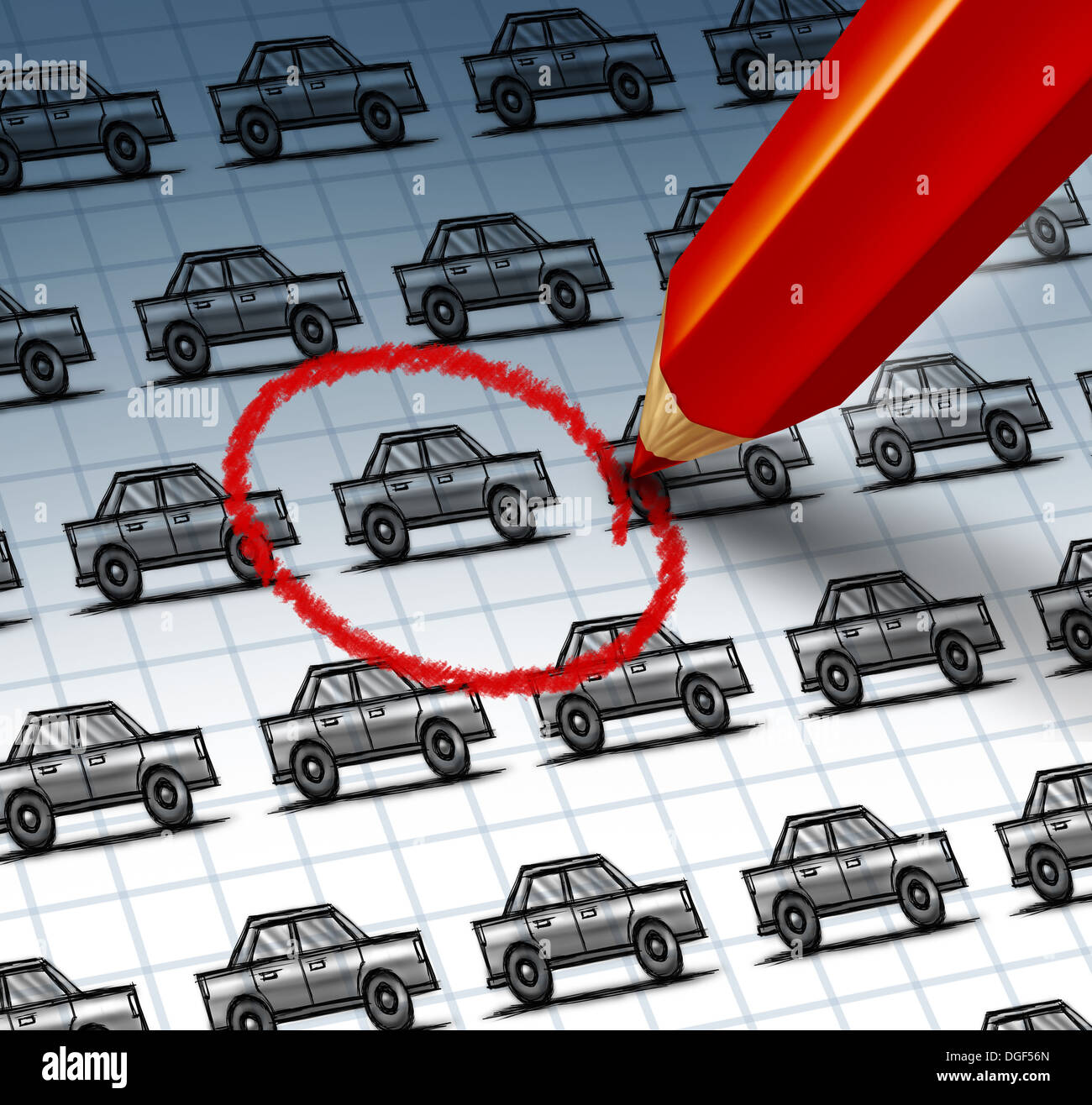 Auto il concetto di shopping e assicurazione auto simbolo di ricerca con  una matita rossa crayon evidenziando un disegno da un gruppo di vetture  come icona di trovare il perfetto veicolo a
